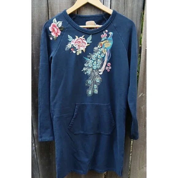 Driftwood Layla‎ Embroidered Peacock Floral Tunic Sweatshirt Dress Women's S - Picture 9 of 10